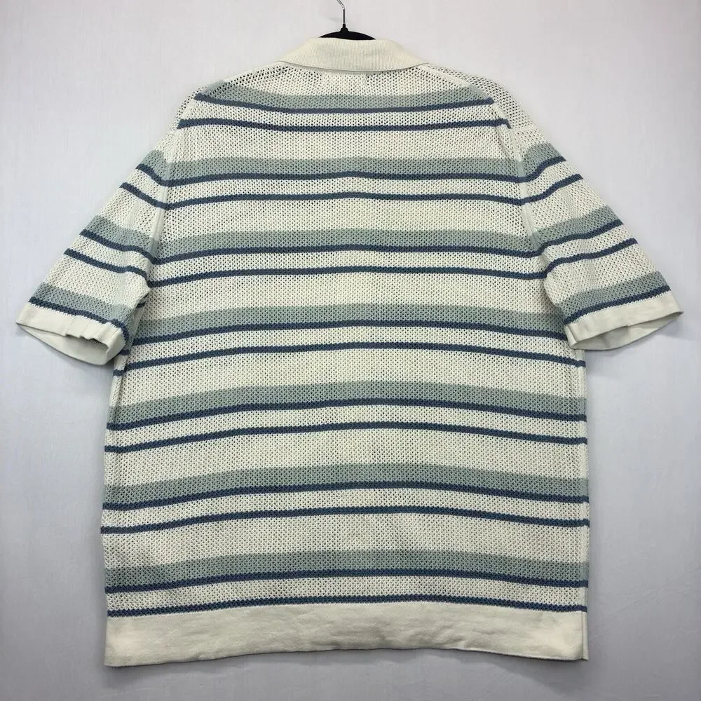 Banana Republic Men’s Medium Knit Polo Shirt Blue Stripe Open Weave Button Up
